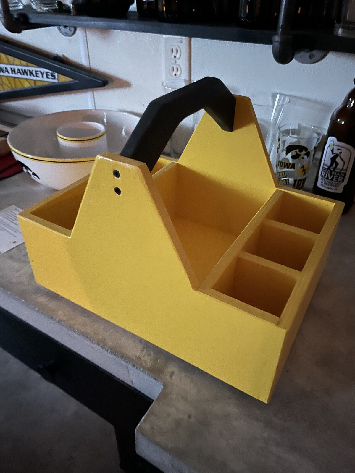 Iowa Hawkeyes yellow painted wood caddy organizer