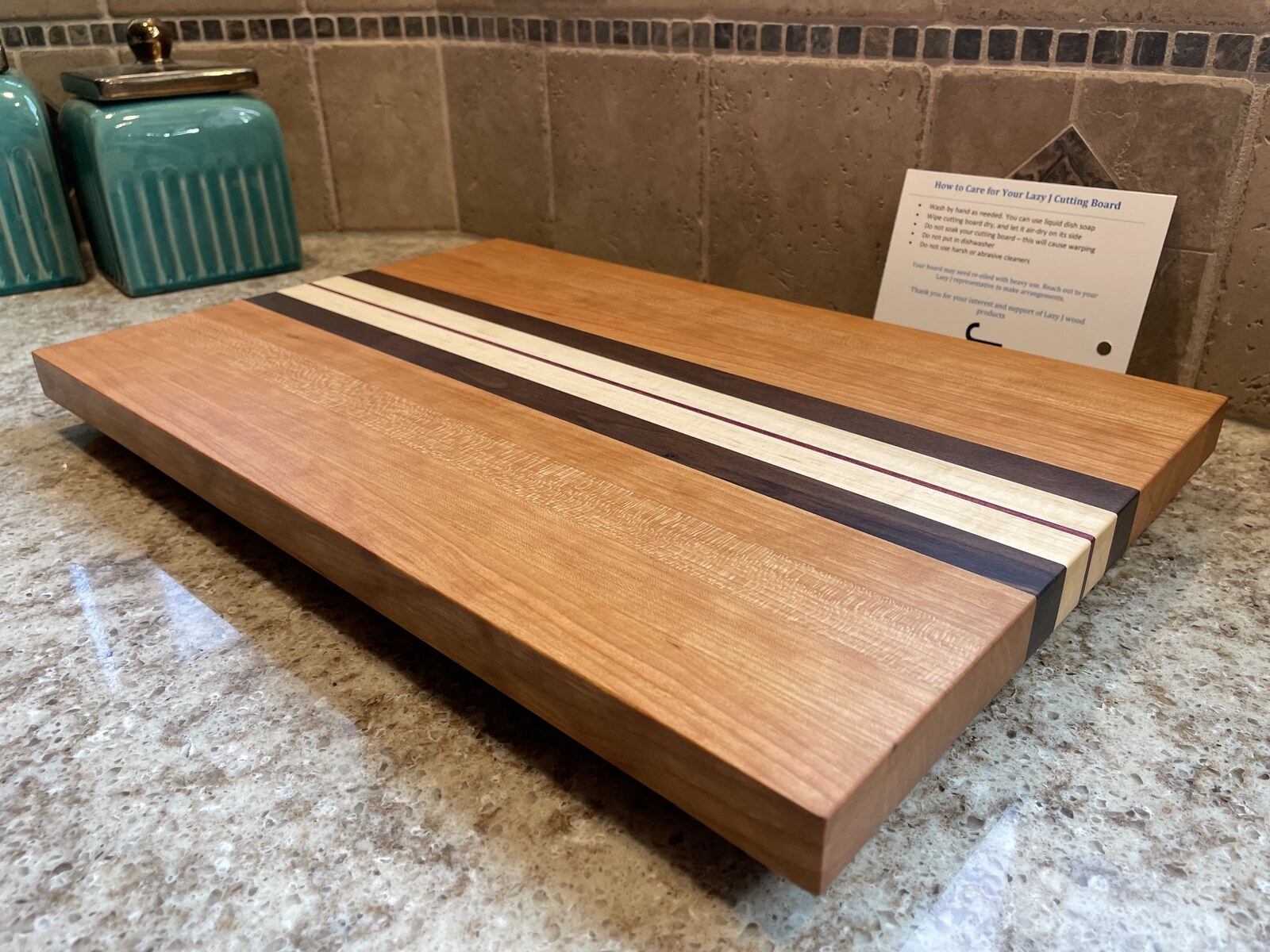 Cherry and walnut stripe board on kitchen counter