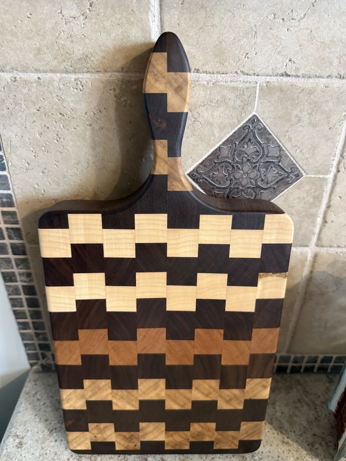 Checkerboard end-grain board with handle
