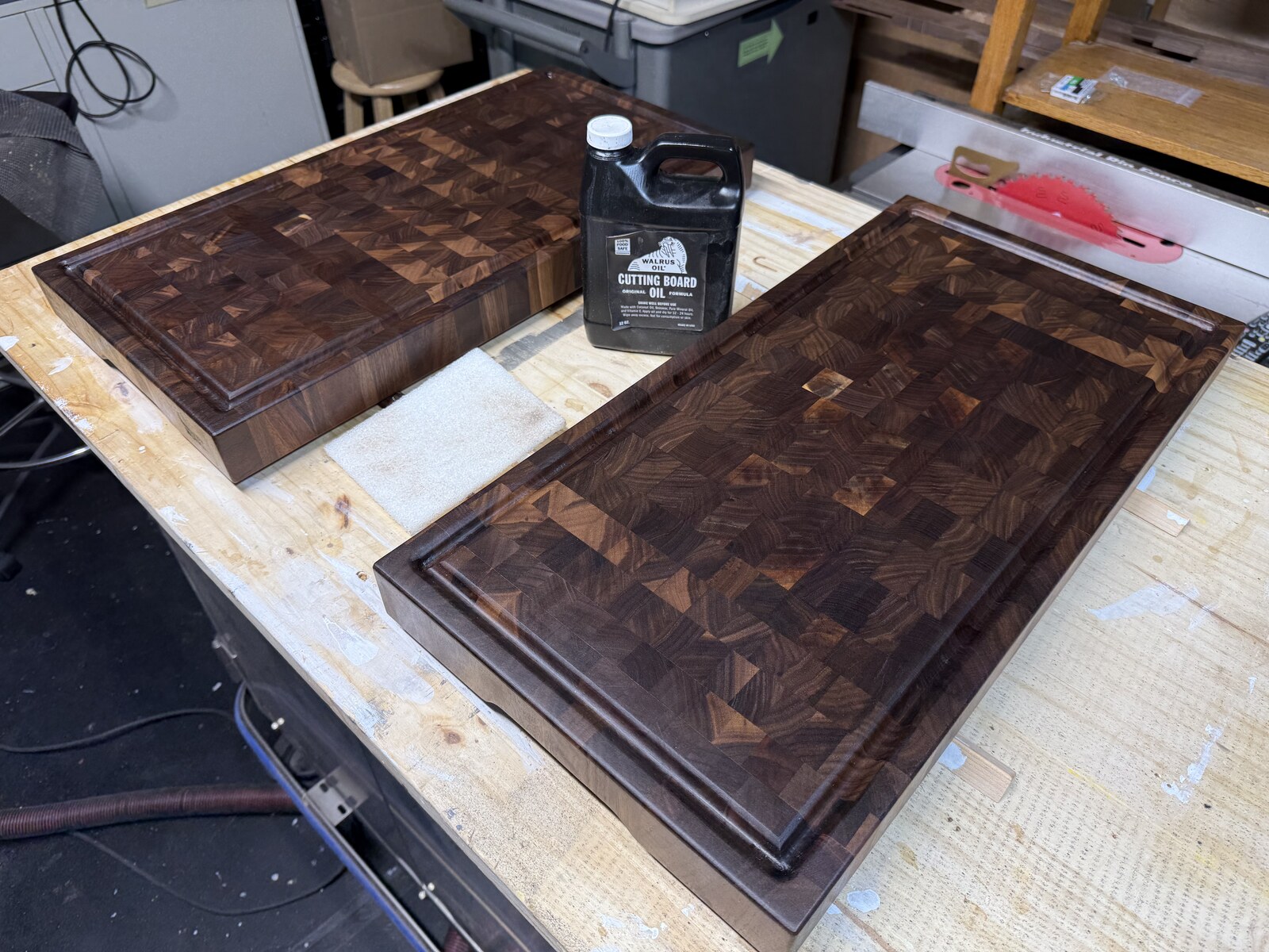 Two dark walnut boards freshly oiled